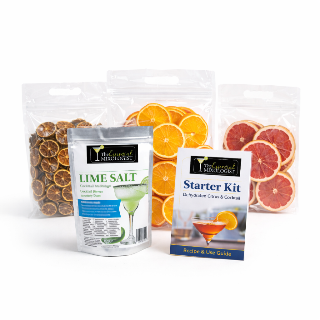 Cocktail kit with dehydrated citrus garnishes, lime salt rimmer, and mixology essentials